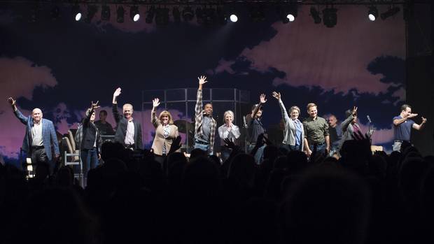 Cast of the musical Come From Away wave to the matinee audience in Gander, N.L. on Oct. 29.