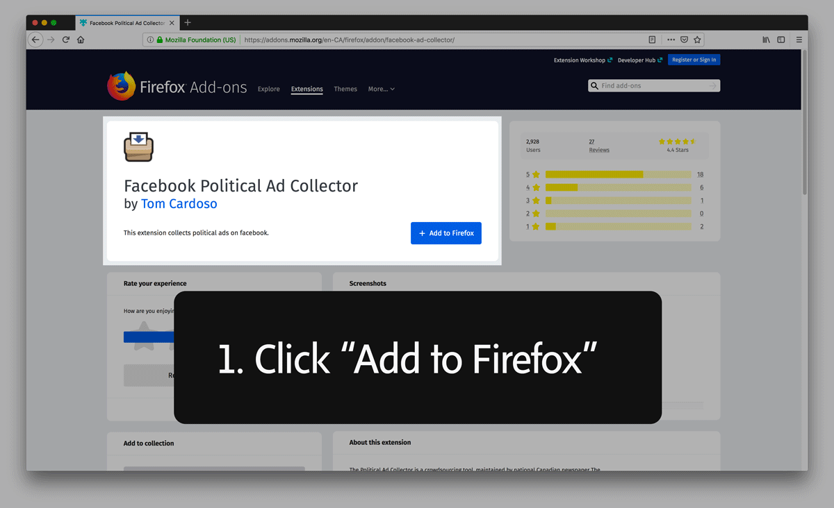 A GIF showing the steps necessary to install the collector in Firefox
