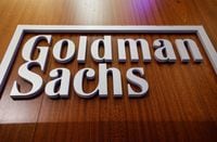 FILE PHOTO: The Goldman Sachs company logo is on the floor of the New York Stock Exchange (NYSE) in New York City, U.S., July 13, 2021.  REUTERS/Brendan McDermid/File Photo