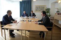 FILE - From left, Serbia's President Aleksandar Vucic, European Union foreign policy chief Josep Borrell, EU Special Representative Miroslav Lajcak and Kosovo's Prime Minister Albin Kurti meet together in Brussels, Thursday, Sept. 14, 2023. Kosovo’s Prime Minister on Monday, Sept. 18, 2023, accused the European Union special envoy in the normalization talks with Serbia of not being “neutral and correct” and “coordinating” with Belgrade against Pristina. (AP Photo/Virginia Mayo, File)