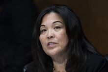 FILE - Julie Su, of Calif., speaks during a hearing of the Senate Health, Education, Labor and Pensions Committee for her to be Deputy Secretary of Labor, on Capitol Hill, March 16, 2021, in Washington. President Joe Biden is nominating Julie Su, the current deputy and former California official, as his next Labor Secretary, replacing the departing incumbent, former Boston mayor Marty Walsh. (AP Photo/Alex Brandon, File)