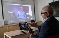 Adolfo Klassen (R),  CEO of Paladin AI, has a meeting with Mikhail Klassen (CTO), discussing data on an evaluation of a pilot's performance during a training session, on a Zoom call meeting, in Montreal, Quebec, June 28, 2021.   (Christinne Muschi /The Globe and Mail)