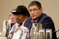 Mark Arcand, brother of Bonnie Burns, who was killed at James Smith Cree Nation, speaks at a press conference alongside Burns' relatives at a news conference in Saskatoon, Saskatchewan, Canada, September 7, 2022. REUTERS/Valerie Zink