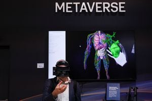 A person wears Varjo's human-eye resolution VR headset to learn human anatomy at the Varjo's Metaverse stand during the Mobile World Congress (MWC) in Barcelona, Spain February 27, 2023. REUTERS/Nacho Doce