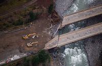 Collapsed sections of bridges destroyed by severe flooding and landslides on the Coquihalla Highway north of Hope, B.C., are seen in an aerial view from a Canadian Forces reconnaissance flight on Monday, November 22, 2021. THE CANADIAN PRESS/Darryl Dyck
