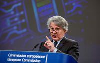 FILE PHOTO: European Commissioner for Internal Market Thierry Breton speaks during a news conference regarding the European Battery Alliance at EU headquarters in Brussels, Belgium March 12, 2021. Virginia Mayo/Pool via REUTERS/File Photo