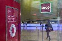 The new CIBC logo displayed the the lobby of its headquarters in Toronto on Monday, Oct. 25, 2021. CIBC says Laura Dottori-Attanasio, senior executive vice-president and group head for Canadian personal and business banking, is retiring. THE CANADIAN PRESS/Evan Buhler