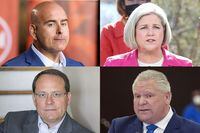 From top left clockwise, Ontario Liberal Leader Steven Del Duca, NDP Leader Andrea Horwath, Progressive Conservative Leader Doug Ford and  Green Leader Mike Schreiner.