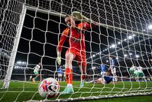 Everton's goalkeeper Jordan Pickford reacts after Newcastle's Joelinton scored his side's second goal during the English Premier League soccer match between Everton and Newcastle United at the Goodison Park stadium in Liverpool, England, Thursday, April 27, 2023. (AP Photo/Jon Super)