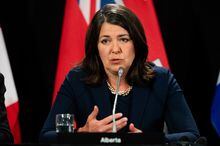 Alberta Premier Danielle Smith speaks to members of the media during a press conference in Ottawa, on Tuesday, Feb. 7, 2023. THE CANADIAN PRESS/Spencer Colby