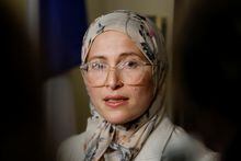 Canada’s new anti-Islamophobia representative Amira Elghawaby speaks to media on Parliament Hill in Ottawa, Ontario, Canada February 1, 2023. REUTERS/Blair Gable