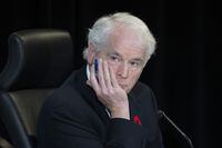 Commissioner Paul Rouleau listens to counsel question a witness at the Public Order Emergency Commission, in Ottawa, Friday, Nov. 4, 2022. A public inquiry is turning its attention to the role of online misinformation this morning as it continues probing Ottawa's use of emergency legislation to quell last winter's "Freedom Convoy" protests. THE CANADIAN PRESS/Adrian Wyld