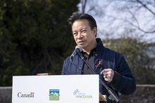 Ken Sim, mayor of Vancouver, responds to questions of China’s Vancouver consulate interference in the 2022 municipal election at a press conference at Helena Gutteridge Plaza near city hall in Vancouver, B.C. on Thursday, March 16, 2023. (Kayla Isomura/The Globe and Mail)