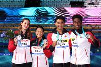 BUDAPEST, HUNGARY - JUNE 24: Silver medallists Penny Oleksiak, Kayla Sanchez, Javier Acevedo Joshua Liendo Edwards of Team Canada pose for a photo during the medal ceremony for the 4x100m Mixed Relay Final on day seven of the Budapest 2022 FINA World Championships at Duna Arena on June 24, 2022 in Budapest, Hungary. (Photo by Maddie Meyer/Getty Images)