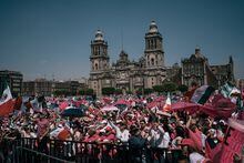 Thousands of people gather in Mexico City’s main square to protest against the electoral overhaul by the governing party, on Sunday, Feb. 26, 2023. More than 100,000 took to the streets of Mexico on Sunday to protest new laws hobbling the nation’s election agency, in what demonstrators said was a repudiation of the president’s efforts to weaken a pillar of democracy. (Luis Antonio Rojas/The New York Times)