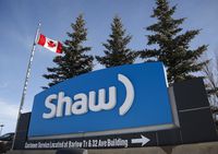 The Shaw Communications logo at the company's headquarters in Calgary in 2015.