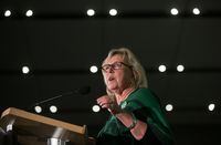 Green Party Leader Elizabeth May addresses candidates and supporters during a rally in Vancouver, Saturday, Oct. 19, 2019. Green Leader Elizabeth May hopes to use whatever influence her three-member caucus has to ensure bolder climate action, a pharmacare plan and a promise of lower cell-phone rates make their way into the next throne speech. THE CANADIAN PRESS/Darryl Dyck