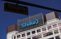 The Shaw Communications logo is seen at their office in Calgary, on April 17, 2019.