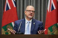 Then Premier Kelvin Goertzen speaks to the media at the Legislative Building in Winnipeg on Wednesday Sept.1, 2021.The Manitoba government is putting up $3.6 million to improve safety in downtown Winnipeg and addressing homelessness and addiction. THE CANADIAN PRESS/David Lipnowski