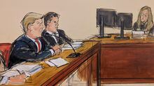 FILE - This artist sketch depicts former President Donald Trump, far left, pleading not guilty as the Clerk of the Court reads the charges and asks him "How do you plea?" Tuesday, April 4, 2023, in a Manhattan courtroom in New York, as his attorney Joseph Tacopina, center, watches. Trump's lawyers are demanding that the judge in his New York City criminal case step aside, echoing the former president's complaints that he's "a Trump hating-judge" with a family full of "Trump haters." Trump's lawyers said June 2, that Judge Juan Manuel Merchan has shown anti-Trump bias in previous cases related to the businessman-turned-politician. (Elizabeth Williams via AP)