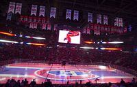 The Montreal Canadiens logo is projected onto the ice during a pre-game ceremony prior to their NHL hockey home opener against the Chicago Blackhawks in Montreal on October 10, 2017. They were once a fixture at the local convenience store and ended up tucked into the pockets of Montreal Canadiens' fans seeking to keep tabs on their favourite team. But modernity has claimed the once-popular pocket calendar, as the hockey club this year became the last Canadian team to do away with the schedule. THE CANADIAN PRESS/Graham Hughes