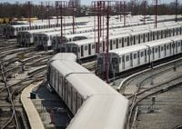 Subway trains line up in a TTC yard in Toronto on Thursday, April 23, 2020.&nbsp;Canada's big-city mayors are calling on the federal government's help to make up huge shortfalls in transit revenue that threaten to derail the nation's transit systems.&nbsp;THE CANADIAN PRESS/Nathan Denette