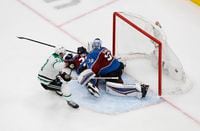 Aug 22, 2020; Edmonton, Alberta, CAN; Dallas Stars right wing Alexander Radulov (47) scores a goal past Colorado Avalanche defenseman Ian Cole (28) and goaltender Pavel Francouz (39) during the second period in game one of the second round of the 2020 Stanley Cup Playoffs at Rogers Place. Mandatory Credit: Perry Nelson-USA TODAY Sports