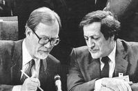 FEDERAL PROVINCIAL JUSTICE MINISTERS MEETING -- OTTAWA: Quebec Minister of Intergovermental Affairs Jacgues Ivan Morin (L) and Quebec Justice Minister Marc Andre Bedard (R) in conversation before the start of a Federal-Provincial Justice Ministers meeting in Ottawa, February 28, 1983. Credit: Andy Clark / UPC
