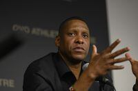 Toronto Raptors president Masai Ujiri is dismissive of a lawsuit brought against his team by the rival New York Knicks. Ujiri attends a news conference in Toronto, Friday, April 21, 2023.&nbsp; THE CANADIAN PRESS/Christopher Katsarov
