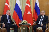 This handout picture taken and released by Turkish Presidential Press Service on August 5, 2022 shows Russia's President Vladimir Putin (R) meeting with Turkish President Recep Tayyip Erdogan (L) in Sochi. (Photo by Murat KULA / TURKISH PRESIDENTIAL PRESS SERVICE / AFP) / RESTRICTED TO EDITORIAL USE - MANDATORY CREDIT "AFP PHOTO / TURKISH PRESIDENTIAL PRESS SERVICE" - NO MARKETING NO ADVERTISING CAMPAIGNS - DISTRIBUTED AS A SERVICE TO CLIENTS (Photo by MURAT KULA/TURKISH PRESIDENTIAL PRESS SERVI/AFP via Getty Images)