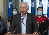 Assembly of First Nations Quebec-Labrador Chief Ghislain Picard criticizes Bill 96 at a news conference, Tuesday, May 10, 2022, at the legislature in Quebec City. THE CANADIAN PRESS/Jacques Boissinot