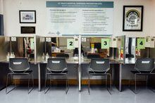 -- EMBARGO: NO ELECTRONIC DISTRIBUTION, WEB POSTING OR STREET SALES BEFORE 3:01 A.M. ET ON TUESDAY, JULY 26, 2022. NO EXCEPTIONS FOR ANY REASONS -- Injection booths at St. PaulÕs Hospital in Vancouver, British Columbia, the first hospital in Canada to offer an overdose prevention site in-house, May 6, 2022. Vancouver has taken harm reduction to a new level in an effort to address the growing toxicity of street drugs. (Jackie Dives/The New York Times)