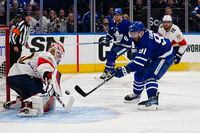 May 4, 2023; Toronto, Ontario, CANADA; Florida Panthers goaltender Sergei Bobrovsky (72) makes a save against Toronto Maple Leafs forward John Tavares (91) during the third period of game two of the second round of the 2023 Stanley Cup Playoffs at Scotiabank Arena. Mandatory Credit: John E. Sokolowski-USA TODAY Sports