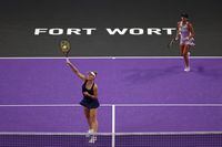FORT WORTH, TEXAS - NOVEMBER 01: Gabriela Dabrowski (L) of Canada and Giuliana Olmos (R) of Mexico return a shot against Anna Danilina of Kazakhstan and Beatriz Haddad Maia of Brazil in their Women's Doubles Group Stage match during the 2022 WTA Finals, part of the Hologic WTA Tour, at Dickies Arena on November 01, 2022 in Fort Worth, Texas. (Photo by Tom Pennington/Getty Images)