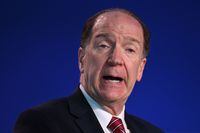 (FILES) In this file photo taken on November 3, 2021 World Bank president David Malpass speaks during a panel discussion at the COP26 UN Climate Summit in Glasgow. - World Bank President David Malpass said on September 23, 2022 he had no plans to stand down, as he battles charges of climate denial for dodging questions on the role of man-made emissions in global warming. (Photo by Daniel LEAL / AFP) (Photo by DANIEL LEAL/AFP via Getty Images)