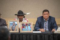 Mark Arcand, right, who's sister Bonnie Burns and nephew Gregory (Jonesy) Burns were killed during a series of violent attacks at James Smith Cree Nation and Brian (Buggy) Burns, left, Bonnie Burns's husband, speak to media at a press conference in Saskatoon on Wednesday, Sept. 7, 2022. THE CANADIAN PRESS/Liam Richards