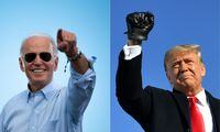 (FILES)(COMBO) This combination of pictures created on October 30, 2020 shows Democratic Presidential candidate and former US Vice President Joe Biden gestures prior to delivering remarks at a Drive-in event in Coconut Creek, Florida, on October 29, 2020 and US President Donald Trump pumps his fist as he arrives to a campaign rally at Green Bay Austin Straubel International Airport in Green Bay, Wisconsin on October 30, 2020. - President Donald Trump and Democrat Joe Biden fought November 2, 2020 through the eve of an election threatened by legal chaos and fears of violence after Trump, down in the polls and with only hours to go, pushed hard to discredit the US voting process.On Tuesday, the world will witness a country more divided and angry than at any time since the Vietnam War era of the 1970s. (Photos by JIM WATSON and MANDEL NGAN / AFP) (Photo by JIM WATSON,MANDEL NGAN/AFP via Getty Images)