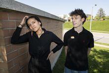 High school students Isio Emakpor (L) and Patrick Mikkelsen are photographed outside the York Catholic District School Board building on May 30, 2023. (Fred Lum/The Globe and Mail) The two spoke to the Globe about what it’s like being a queer or trans student today.