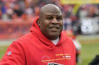 FILE - Kansas City Chiefs offensive coordinator Eric Bieniemy is shown before an NFL football game against the Denver Broncos, Saturday, Jan. 8, 2022, in Denver. Bieniemy is still waiting to land a head coaching job after interviewing with 14 teams over the last four years. (AP Photo/David Zalubowski, File)