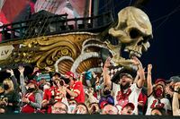 Fans cheer during the first half of the NFL Super Bowl 55 football game between the Tampa Bay Buccaneers and the Kansas City Chiefs, Sunday, Feb. 7, 2021, in Tampa, Fla.