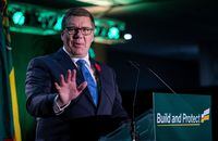 Saskatchewan Premier Scott Moe gestures while speaking at his party's convention in Regina, on Saturday, Nov. 4, 2023. THE CANADIAN PRESS/Heywood Yu