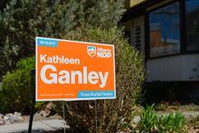 NDP election signage in Sunnyside in Calgary on Tuesday, May 2, 2023. Alberta is seeing an increasing number of signs for NDP and UCP, even though the campaign only began yesterday. (Photo by Jude Brocke/The Globe and Mail)