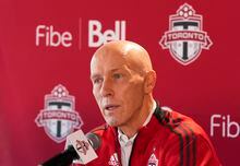 Toronto FC new head coach Bob Bradley speaks to the media in Toronto, Wednesday, Nov. 24, 2021.  Coach Bob Bradley says Toronto FC is "close to finalizing" a new No. 1 goalkeeper, with free agent Sean Johnson, the club's expected target. THE CANADIAN PRESS/Nathan Denette