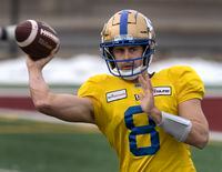 Winnipeg Blue Bombers quarterback Zach Collaros throws a pass during practice in Hamilton, Ont., Friday, Dec. 10, 2021. Winnipeg will meet the Hamilton Tiger-Cats in the 108th CFL Grey Cup game.THE CANADIAN PRESS/Ryan Remiorz