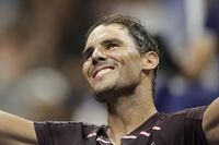 FILE - Rafael Nadal, of Spain, celebrates after winning his match against Richard Gasquet, of France, during the third round of the U.S. Open tennis championships, Saturday, Sept. 3, 2022, in New York. On Saturday, Oct. 8, 2022, Spanish media reported Mery Perelló, Nadal's wife, gave birth to a baby boy, the couple’s first child. (AP Photo/Adam Hunger, File)