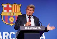 Soccer Football - FC Barcelona Press Conference - 1899 Auditorium, Barcelona, Spain - August 6, 2021 FC Barcelona president Joan Laporta during the press conference REUTERS/Albert Gea