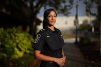 Surrey Police Insp. Novi Jette poses for a photograph in Surrey, B.C., Monday, Oct. 31, 2022. The future of the Surrey force is in question with a new majority on city council promised to halt the replacement of RCMP — and Jette says it could also mean the end of policing for her. THE CANADIAN PRESS/Darryl Dyck