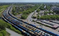 An aerial view shows oil tank cars and railroad freight wagons in Omsk, Russia May 24, 2022. Picture taken with a drone. REUTERS/Alexey Malgavko
