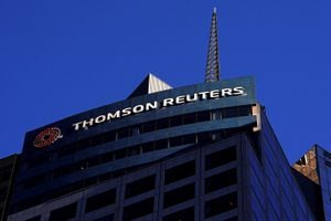 FILE PHOTO: The Thomson Reuters logo is pictured on a building in the Manhattan borough of New York City, New York, U.S. November 16, 2021. REUTERS/Carlo Allegri/File Photo