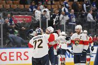 May 2, 2023; Toronto, Ontario, CANADA;  Florida Panthers goalie Sergei Bobrovsky (72) and forward Matthew Tkachuk (19) celebrate after defeating the Toronto Maple Leafs in game one of the second round of the 2023 Stanley Cup Playoffs at Scotiabank Arena. Mandatory Credit: Dan Hamilton-USA TODAY Sports